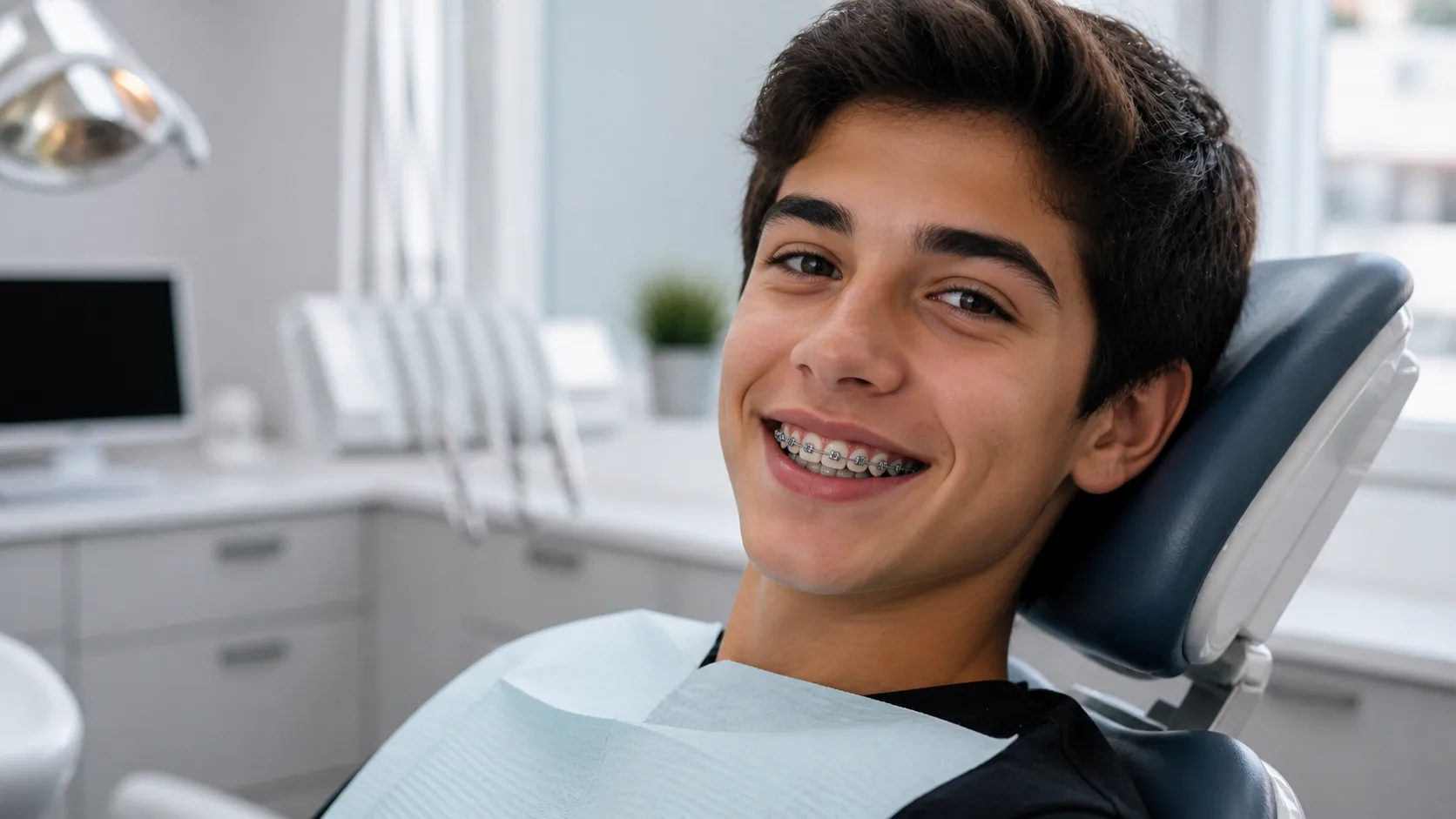 Paciente sorrindo com aparelho fixo metálico no consultório da Zhoe Odontologia, Hugo Lange Curitiba