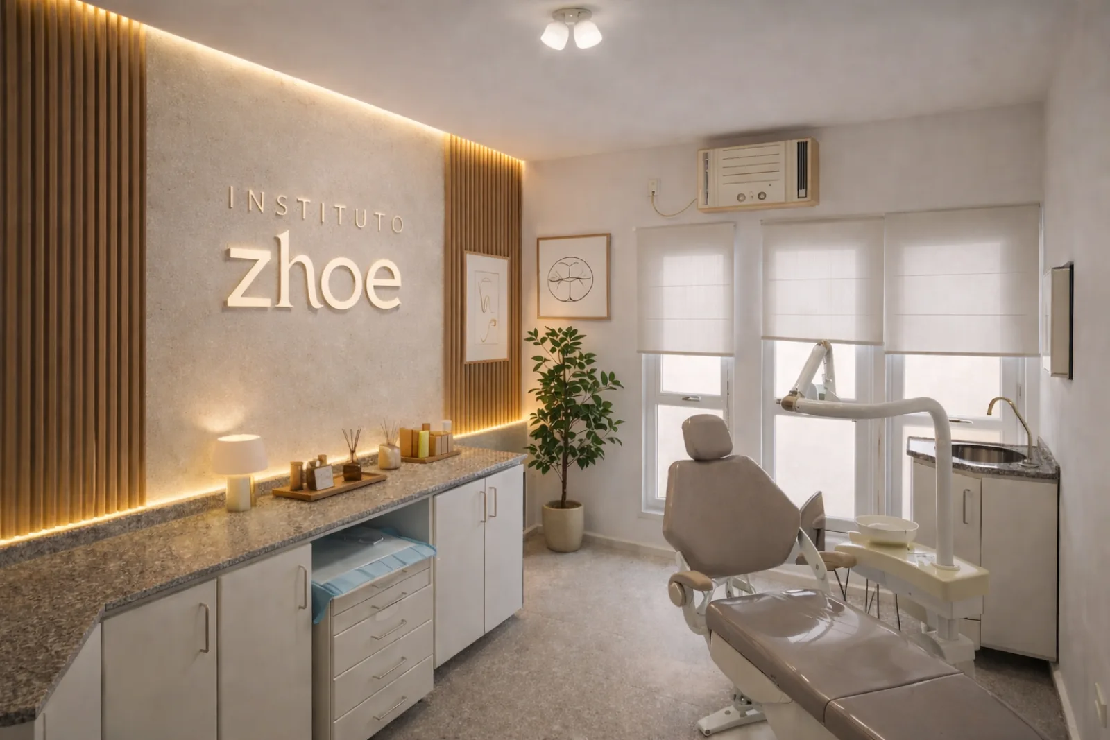 Consultório da Zhoe Odontologia no Hugo Lange, Curitiba — sala clínica com identidade Instituto Zhoe